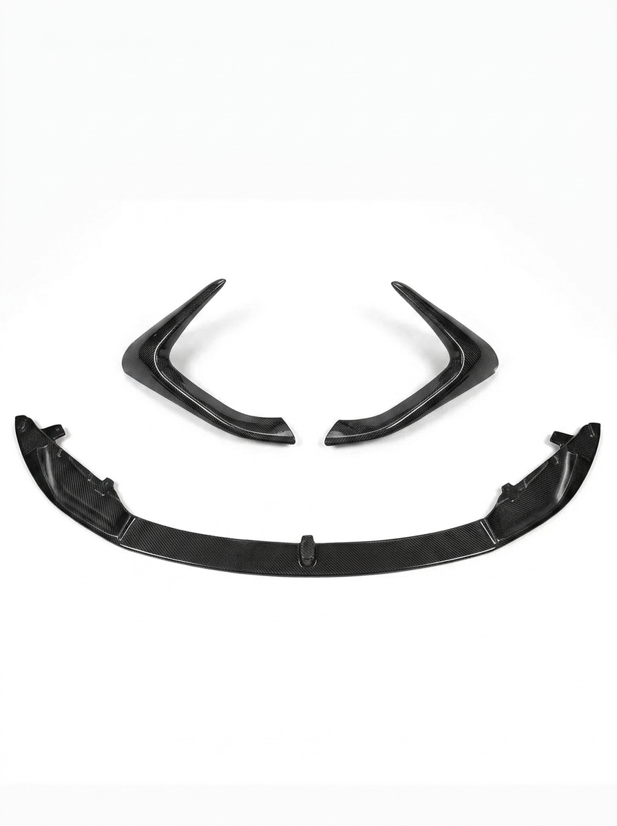 K2 Industries carbon fiber front lip for BMW 3 Series F80 M3 F82 F83 M4 M Performance Style, 2015-2019, shown on vehicle front bumper