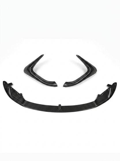 K2 Industries carbon fiber front lip for BMW 3 Series F80 M3 F82 F83 M4 M Performance Style, 2015-2019, shown on vehicle front bumper