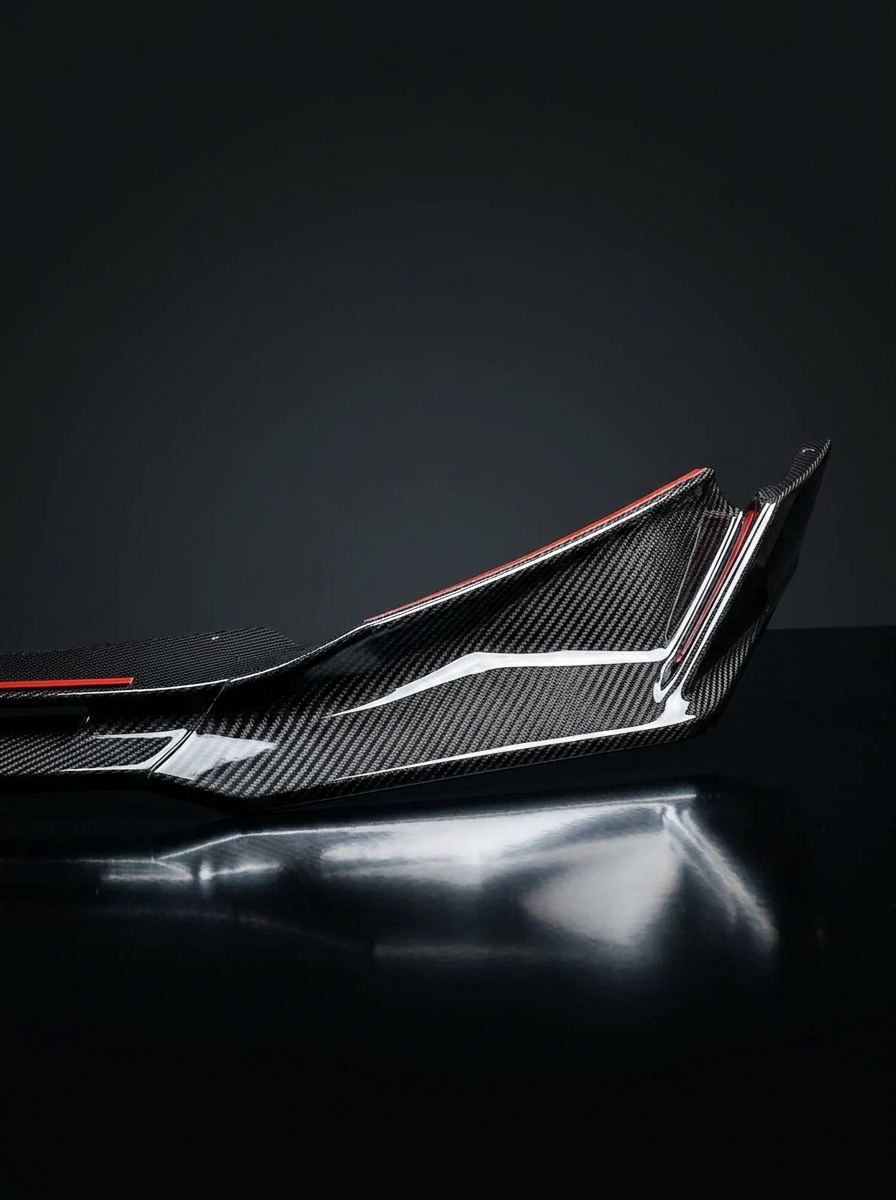 BMW 3 Series M3 M4 G80 G82 V Style carbon fiber front lip by K2 Industries, showcasing sleek aerodynamic design.