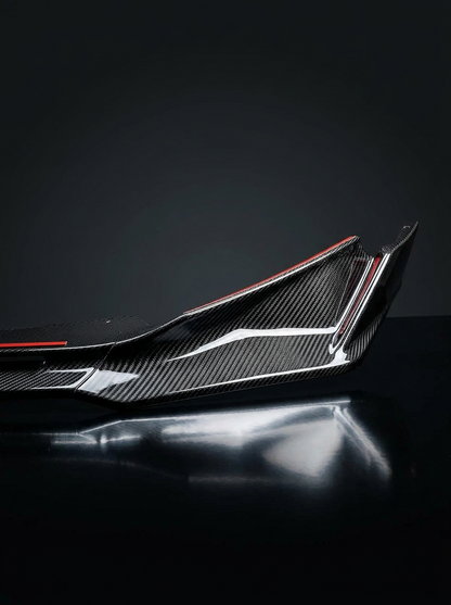 BMW 3 Series M3 M4 G80 G82 V Style carbon fiber front lip by K2 Industries, showcasing sleek aerodynamic design.