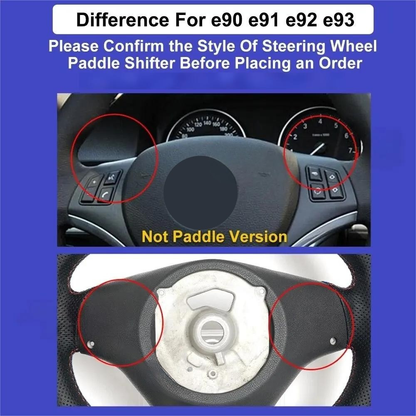 Vekto carbon fiber steering wheel for BMW E90 E92 E93 manual models, close-up view of textured black steering wheel with mounting details.