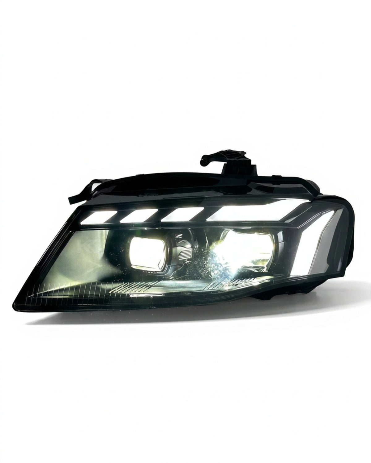 K2 Industries Audi A4 RS Style LED headlight assembly with daytime running lights for 2008-2012 vehicle, showcasing sleek design.