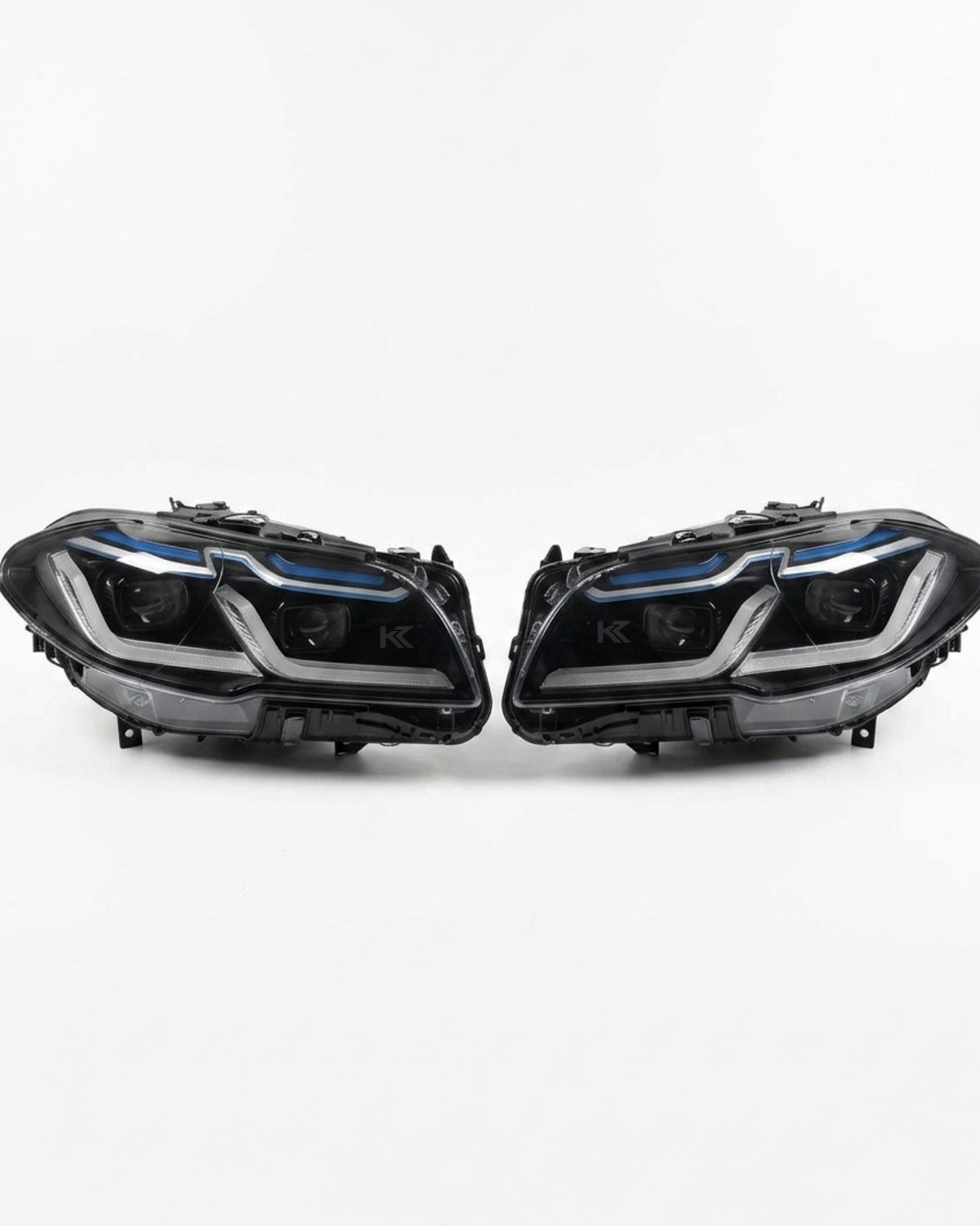 BMW 5-Series F10/F18 headlights by K2 Industries, new generation G30 style, showing sleek design and LED lighting elements.
