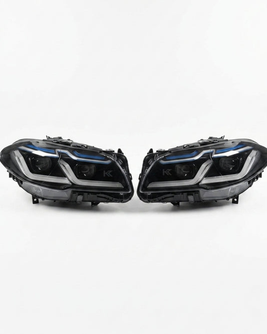 BMW 5-Series F10/F18 headlights by K2 Industries, new generation G30 style, showing sleek design and LED lighting elements.