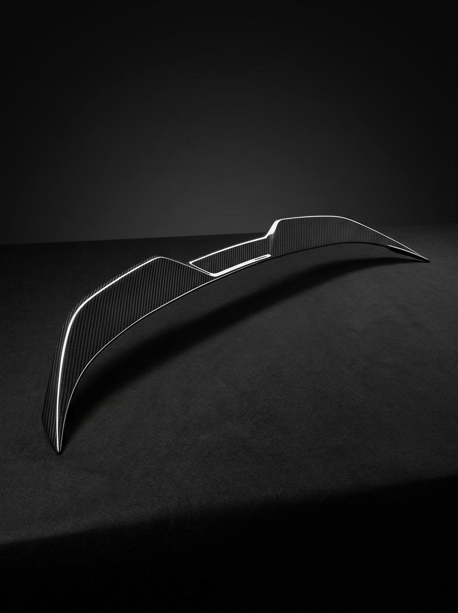 BMW 2 Series G42 MP Style carbon fiber spoiler by K2 Industries, showcasing sleek aerodynamic design on a black car.