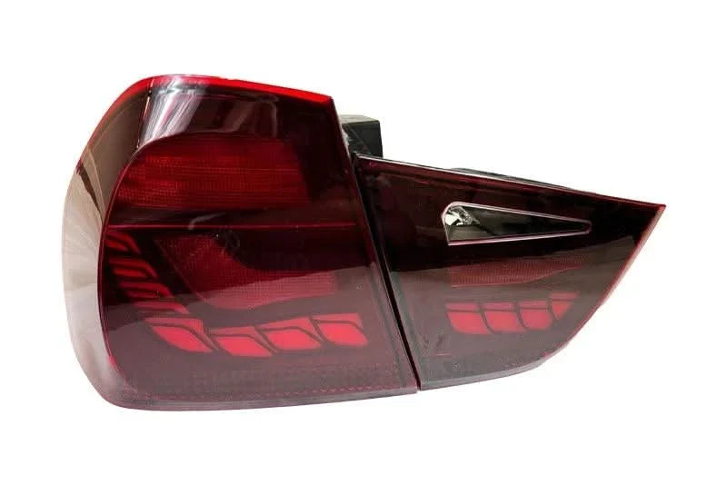 K2 Industries BMW 3 Series E90 M3 GTS OLED tail lights, sleek red and clear lens design for 2006-2011 BMW E90 models