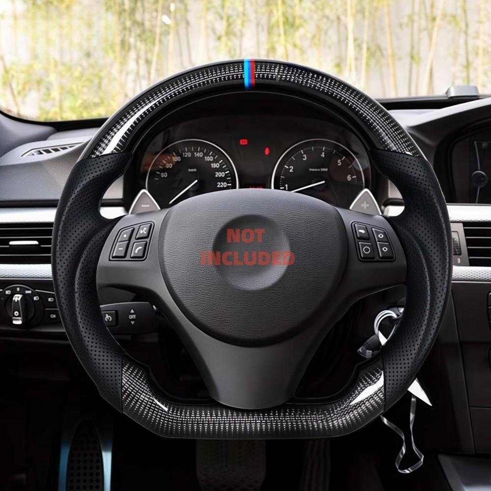 Vekto carbon fiber steering wheel for BMW E90/E92/E93 2009-2020, close-up showing textured carbon fiber surface and ergonomic design