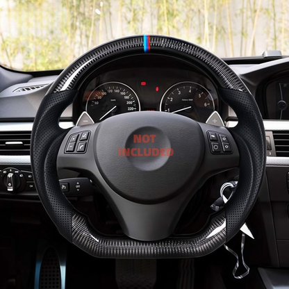 Vekto carbon fiber steering wheel for BMW E90/E92/E93 2009-2020, close-up showing textured carbon fiber surface and ergonomic design
