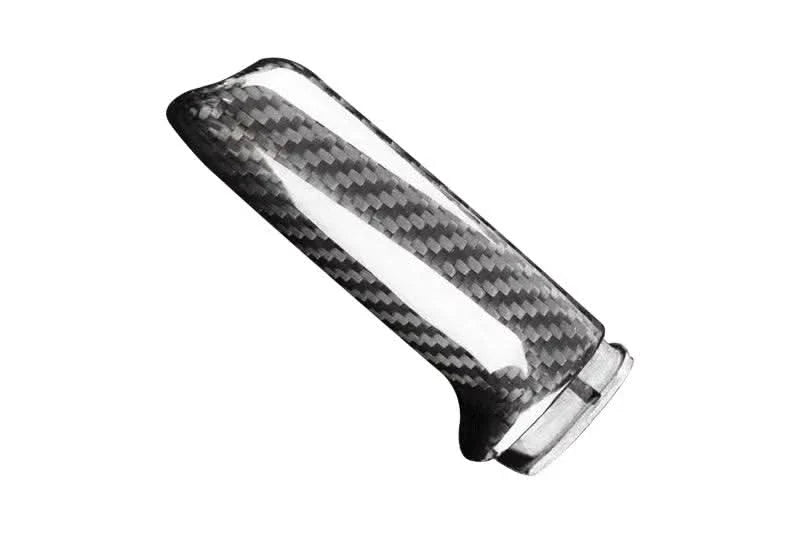 BMW carbon fiber handbrake lever cover by K2 Industries, showcasing sleek black carbon fiber material on the handbrake lever.