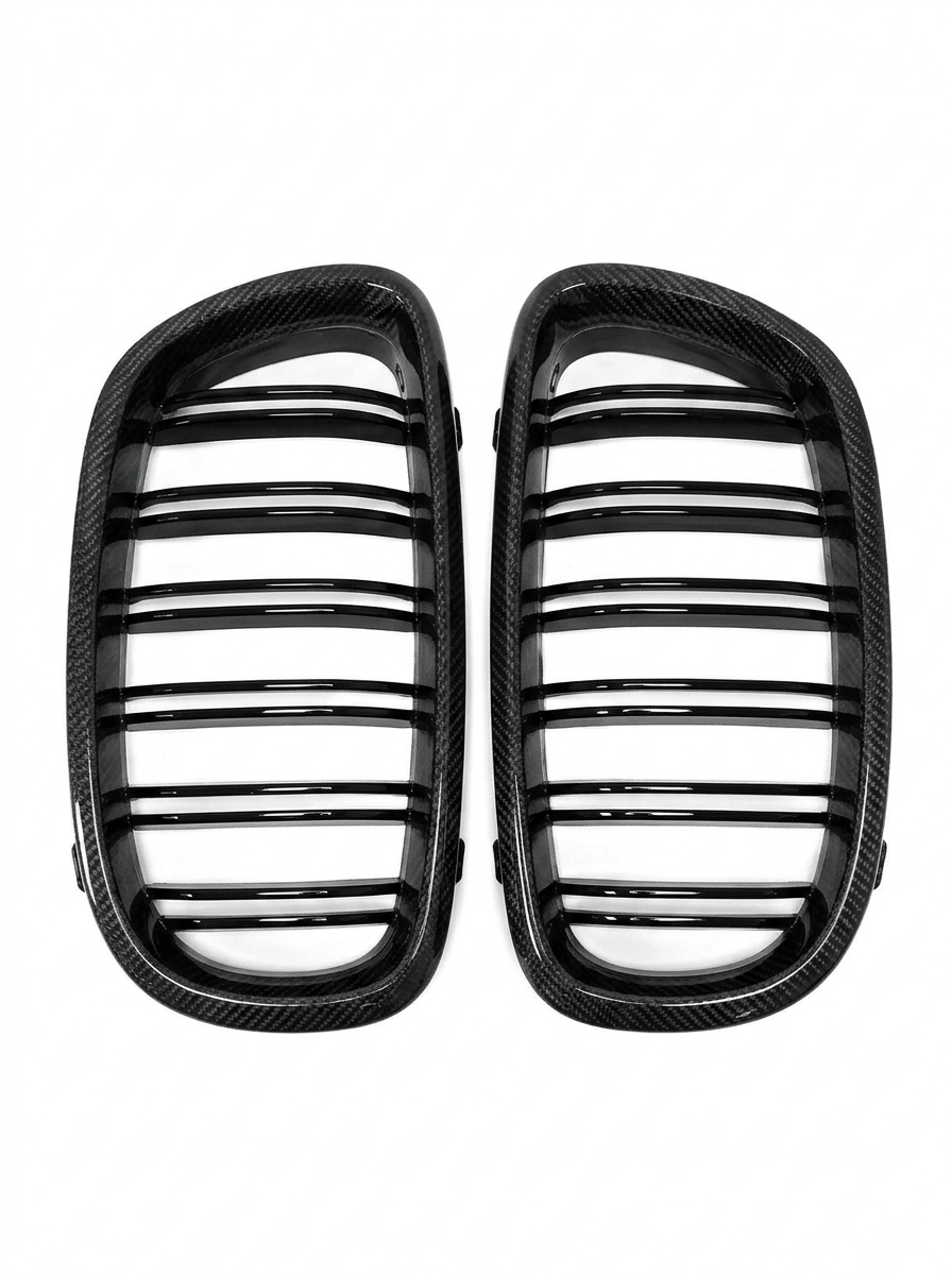 BMW 5 Series G30 carbon fiber front grille by K2 Industries, showcasing sleek, textured carbon fiber design for enhanced style.
