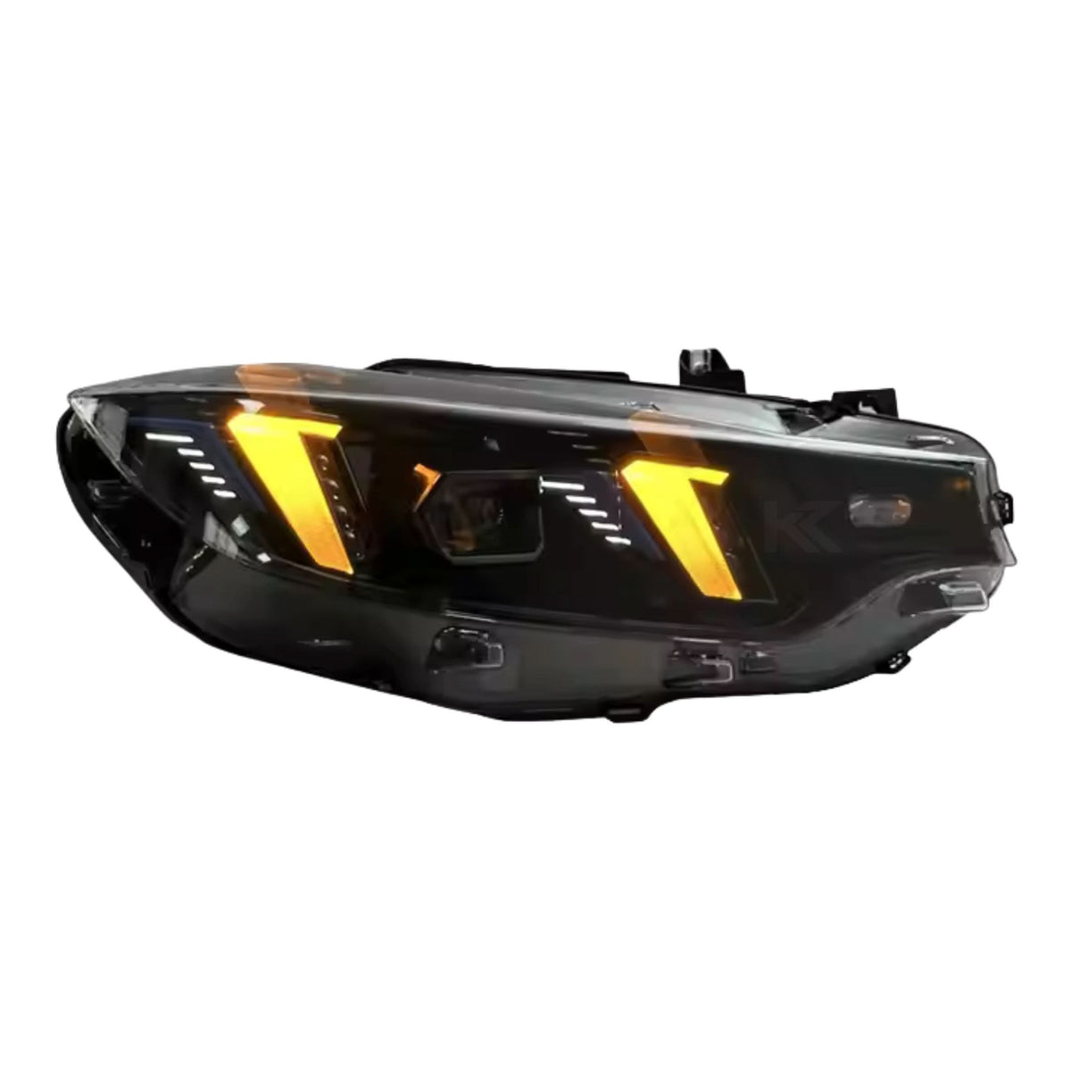 BMW 4 Series F32 F36 F8 LED headlights with snake eyes feature, black housing, and clear lens, installed on a vehicle.