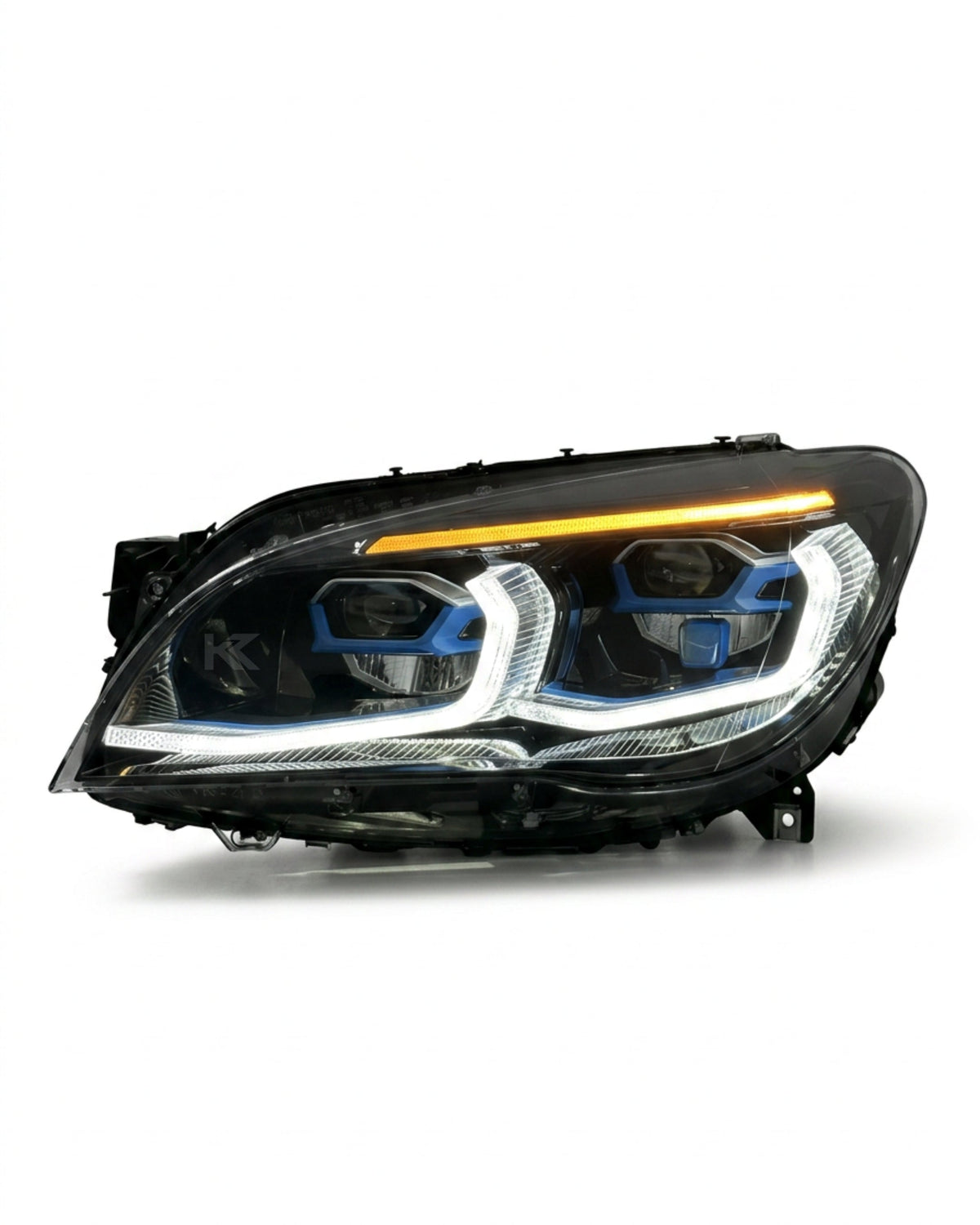 BMW 7 Series F02 G12 Style LED headlight assembly with dual-color DRL (yellow and white) for 2013-2015, by K2 Industries.