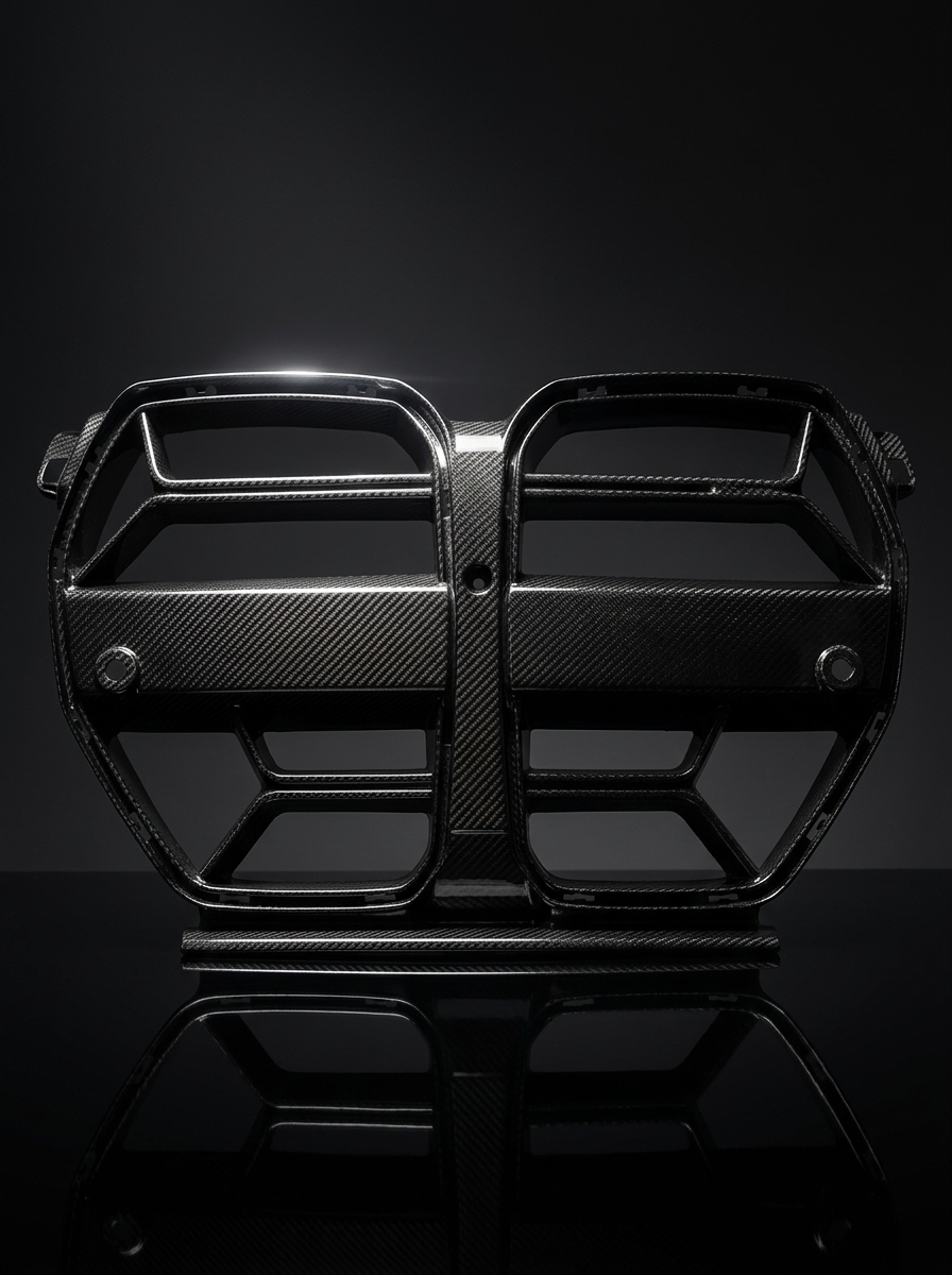 K2 Industries BMW 3 Series M3 G80 M4 G82 CSL style carbon fiber front grille showing sleek black finish and detailed design.