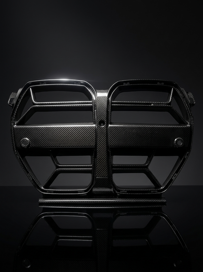 K2 Industries BMW 3 Series M3 G80 M4 G82 CSL style carbon fiber front grille showing sleek black finish and detailed design.