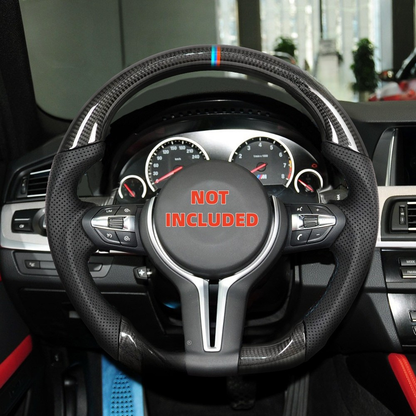 Vekto real carbon fiber M Sport steering wheel for BMW 5, 6, 7 Series, M5, and M8, showing sleek black finish and ergonomic design.