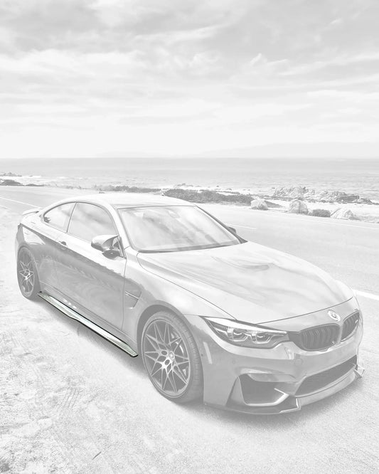 K2 Industries carbon fiber side skirts for BMW 3 Series F80 M3 and 4 Series F82 M4, showing sleek, aerodynamic design in black.