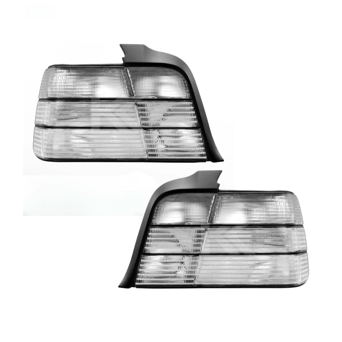 BMW 3 Series E36 tail lights by K2 Industries with clear frosted lens, showing the assembled red and white lens sections.