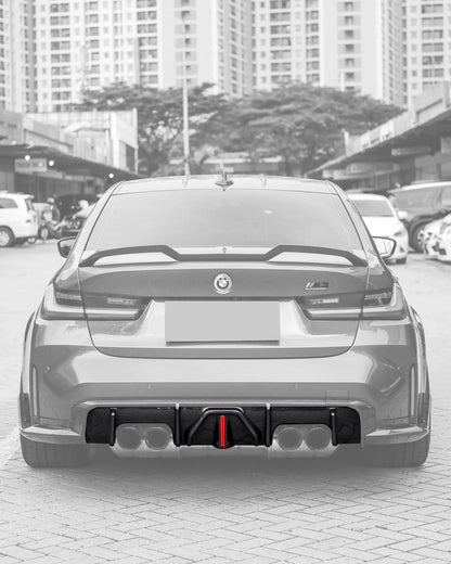 BMW 3 Series G80 M3 G82 G83 M4 carbon fiber rear diffuser with integrated LED lights by K2 Industries, designed for 2019-2024 models.