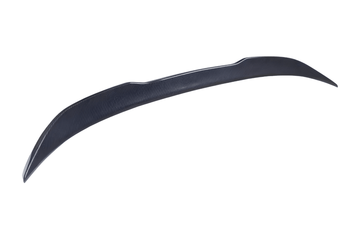 BMW 3 Series G20 G28 G80 M3 carbon fiber trunk spoiler by K2 Industries, showcasing sleek aerodynamic design and glossy finish.
