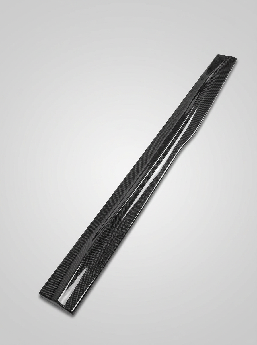 K2 Industries carbon fiber side skirts for BMW 3 Series F80 M3 and 4 Series F82 M4, showing sleek aerodynamic design on car side