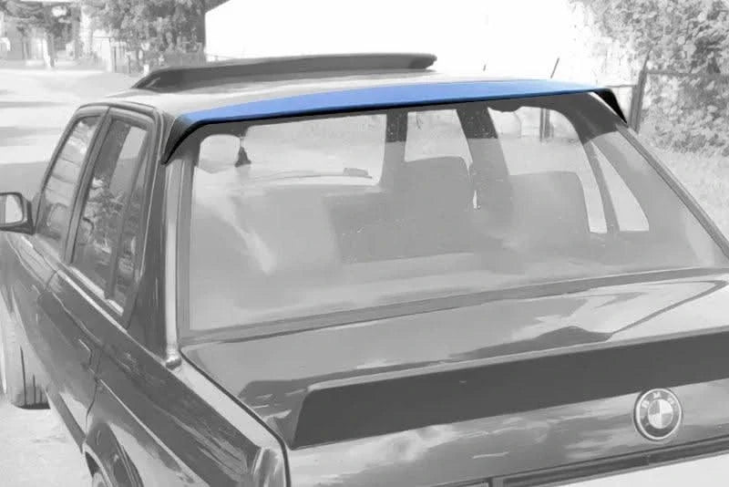 BMW E30 3 Series roof spoiler by K2 Industries, showing sleek black aerodynamic design on a classic car model.