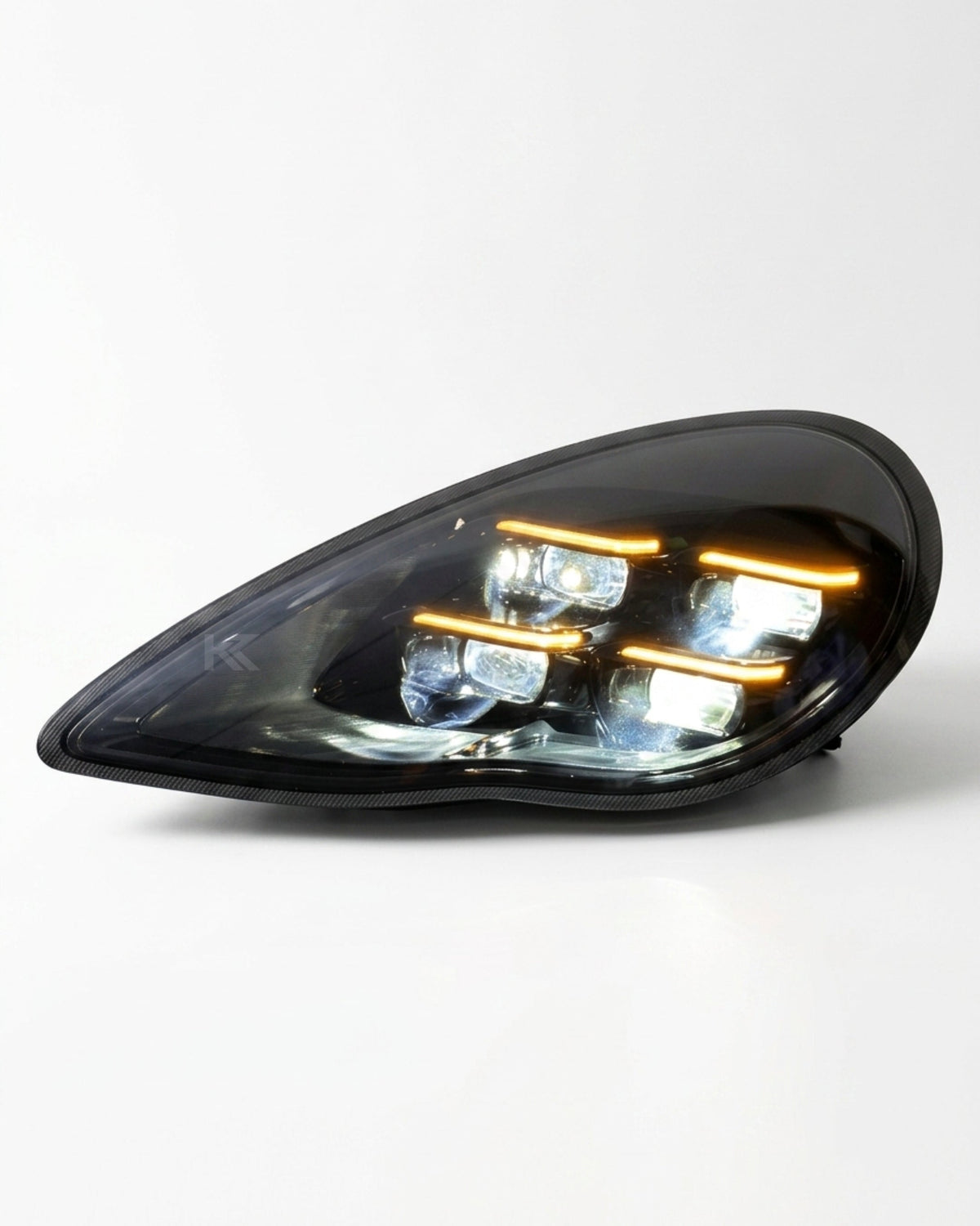 K2 Industries Porsche Panamera 970.1 LED headlight assembly with dual-color daytime running lights, for 2010-2013 models.