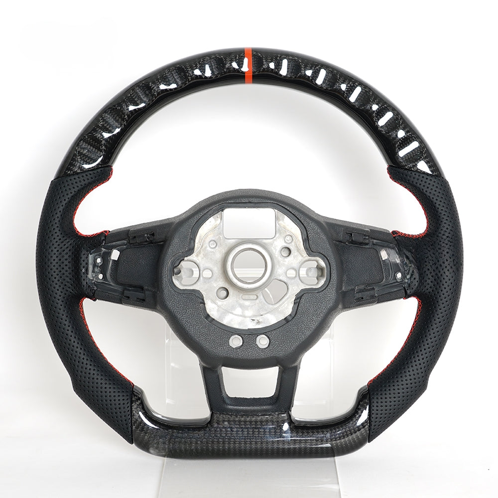 Vekto carbon fiber steering wheel for VW Golf 7 GTI R Mk7, close-up view showing textured carbon fiber surface and ergonomic design.