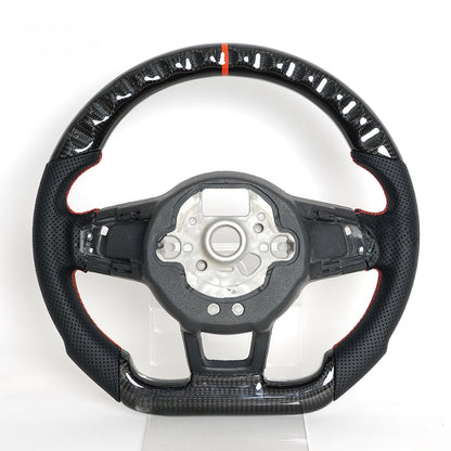 Vekto carbon fiber steering wheel for VW Golf 7 GTI R Mk7, close-up view showing textured carbon fiber surface and ergonomic design.