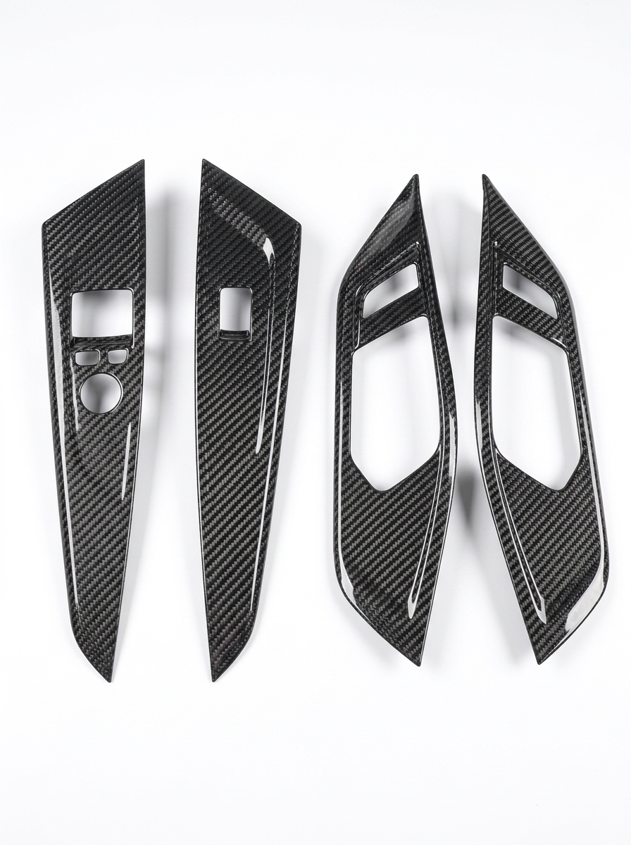 BMW 4 Series G82 G22 carbon fiber interior door trim set by K2 Industries, showing sleek, textured carbon fiber panels inside the vehicle.