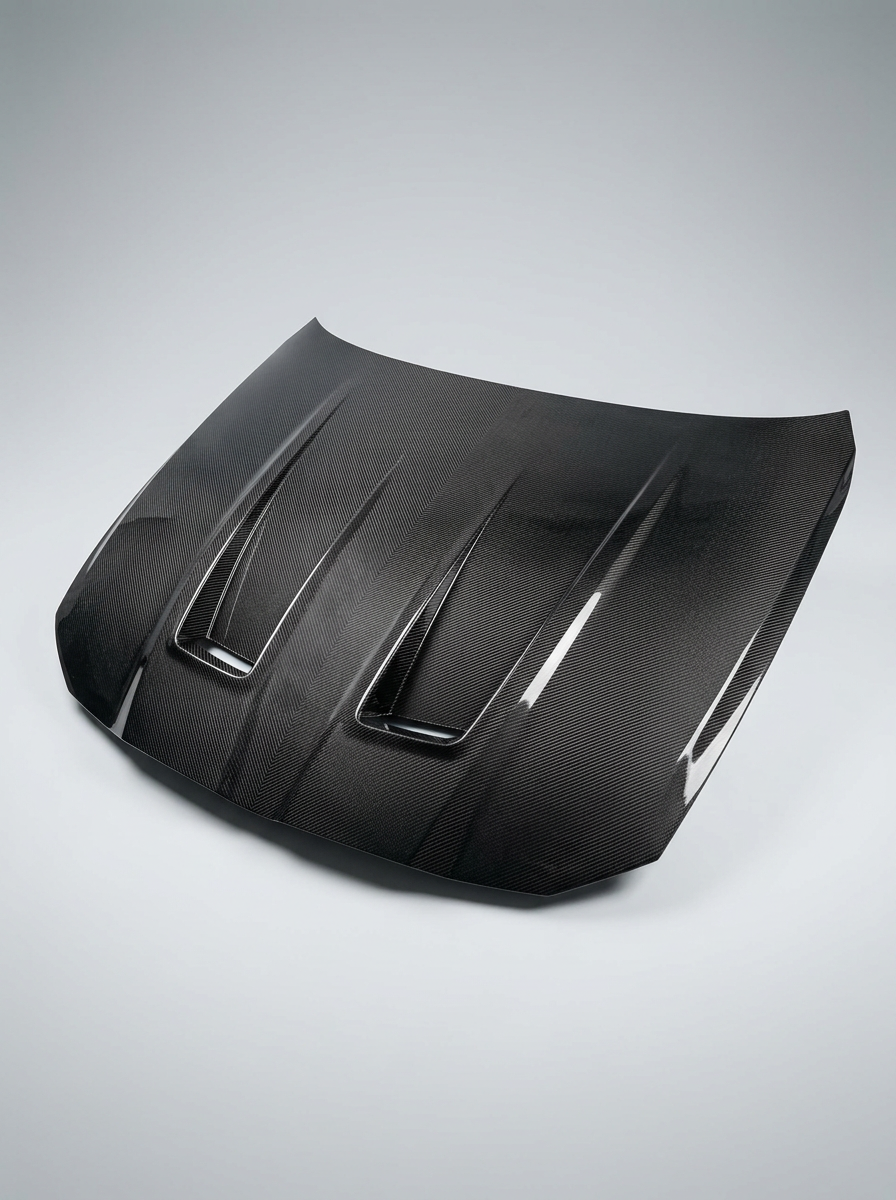 BMW 3 Series G80 M3 carbon fiber front hood by K2 Industries, showcasing sleek A Style design with a glossy finish.