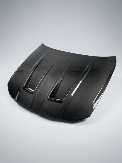 BMW 3 Series G80 M3 carbon fiber front hood by K2 Industries, showcasing sleek A Style design with a glossy finish.