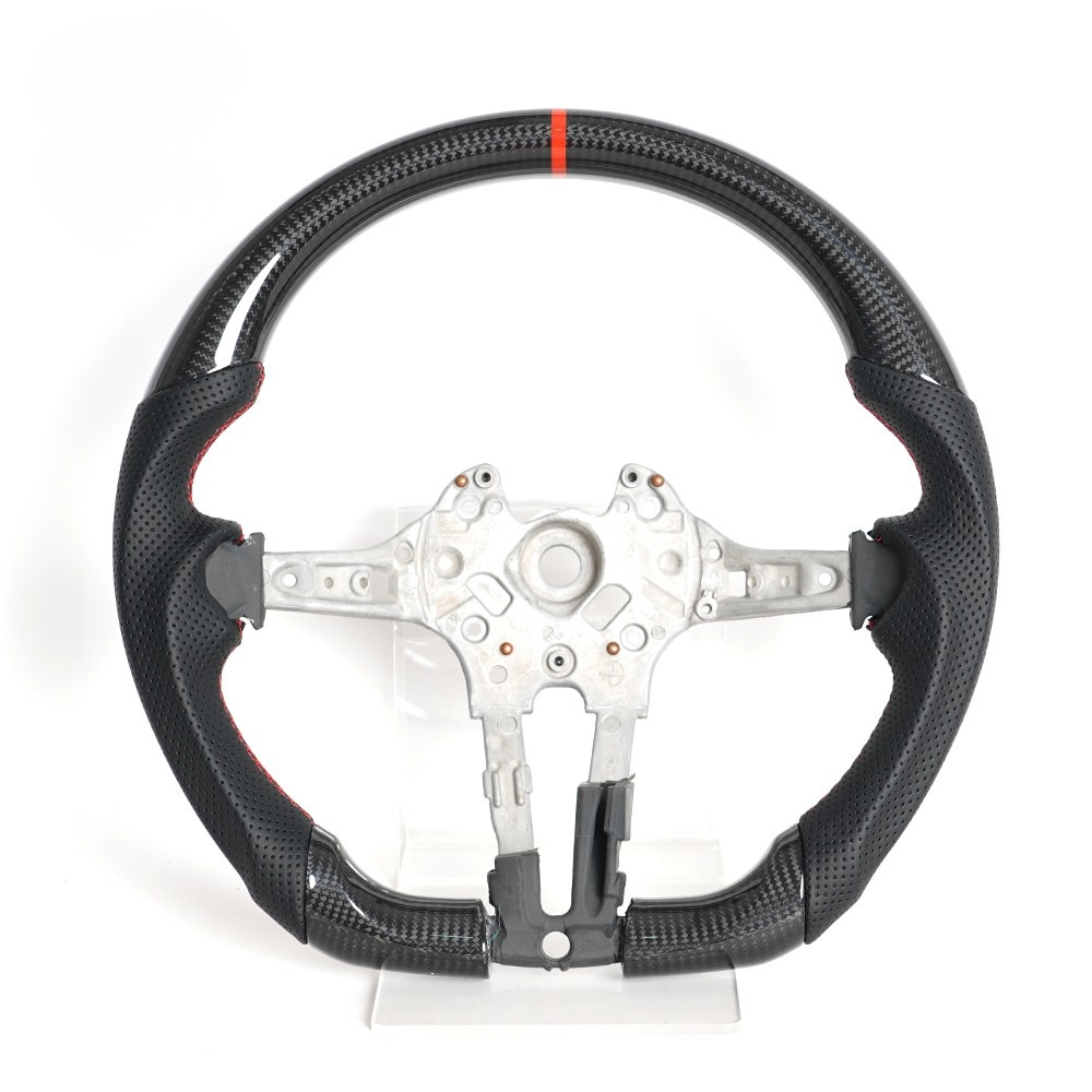 Vekto real carbon fiber BMW F-Series steering wheel with tri-color or red stripe design, compatible with 1, 2, 3, 4, X1, X3, X6, and M2 models