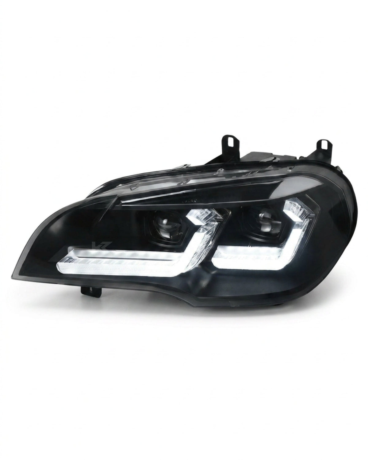 BMW X5 E70 headlights with K2 Industries "TRON" LED design, showing sleek, modern headlight assembly for 2007-2013 models.