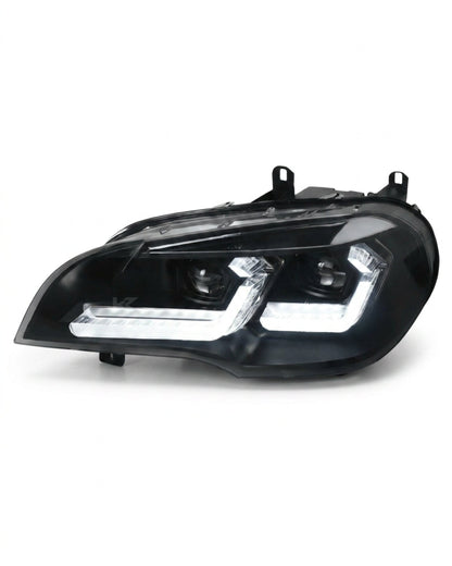 BMW X5 E70 headlights with K2 Industries "TRON" LED design, showing sleek, modern headlight assembly for 2007-2013 models.
