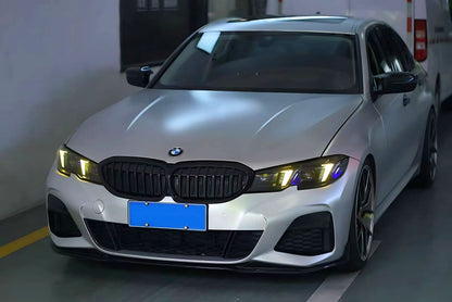 BMW 3 Series G20 G28 headlights with snake eye style sequential LED lights, showing the modern headlight design by K2 Industries.