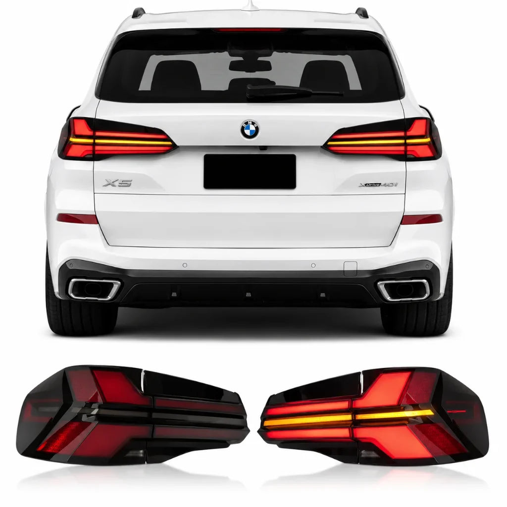 Vekto LED taillights for BMW X5 G05 2019-2023, showcasing sleek red and clear tail light lenses with integrated turn signals.