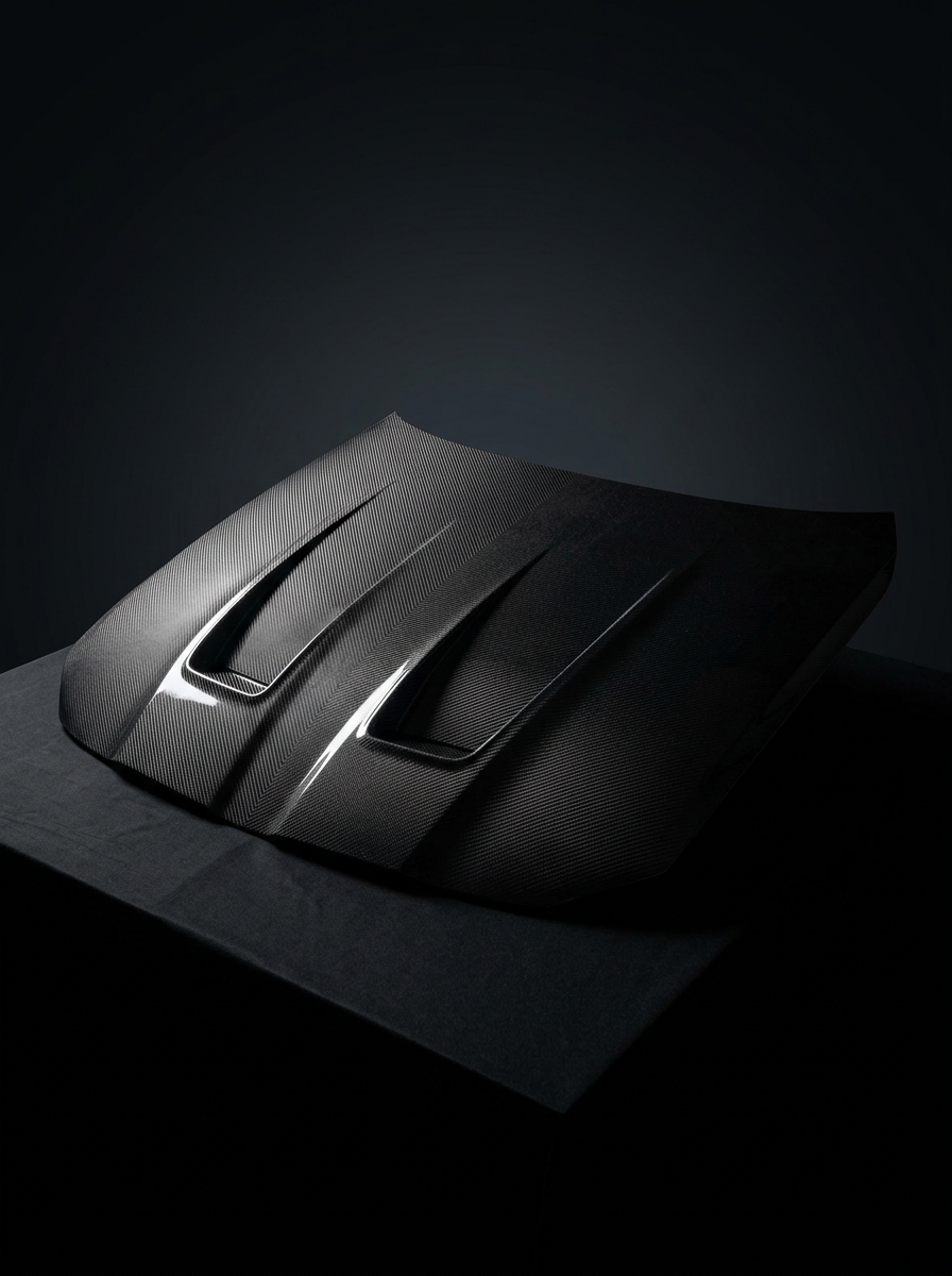 K2 Industries carbon fiber front hood for BMW 3 Series G80/G81 M3 and 4 Series G82/G83 M4, showcasing lightweight, aerodynamic design.
