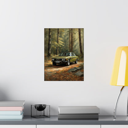 1973 BMW 30 CSL Wall Art Taiga Metallic Green Autumn Forest Sunlight Poster Classic German Sports Coupe Oil Painting Fine Art Print for Home Office Decor