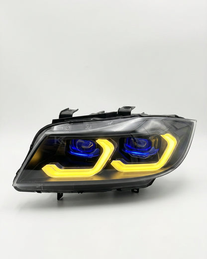 BMW 3 Series E90 LED headlight assembly with dual-color DRL by K2 Industries, showing the front view of the headlights.