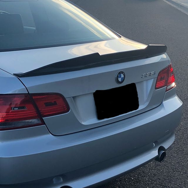 BMW E92 PSM trunk spoiler in carbon fiber, Palenon Performance CF trunk spoiler shown from a side angle.