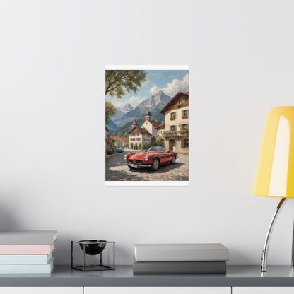 Vintage 1957 BMW 507 Roadster Poster | Bavarian Alpine Village Wall Art | Impressionist European Classic Sports Car Fine Art Paper Print