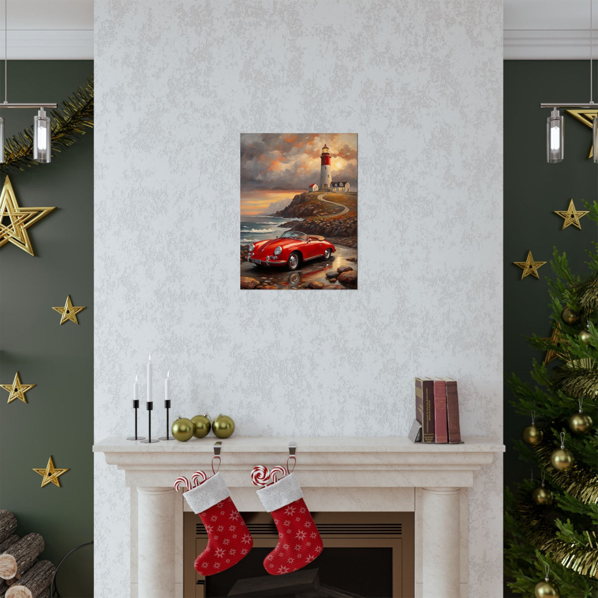 Vintage 1956 Porsche 356 Speedster Poster | Coastal Lighthouse Sunset Wall Art | Impressionist European Classic Sports Car Fine Art Paper Print