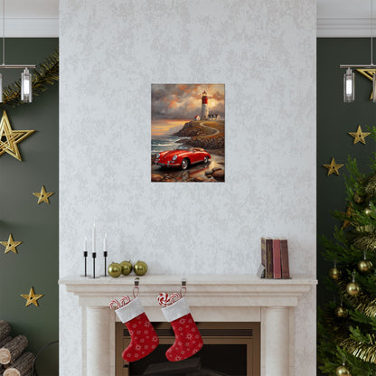 Vintage 1956 Porsche 356 Speedster Poster | Coastal Lighthouse Sunset Wall Art | Impressionist European Classic Sports Car Fine Art Paper Print