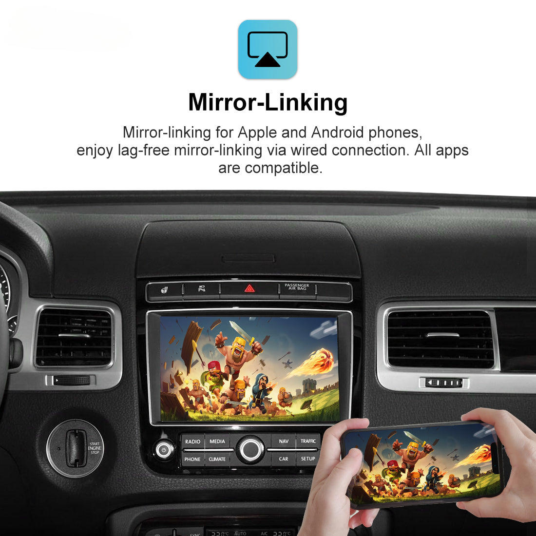 Mirror-linking feature demonstration on a car dashboard, showing a wired connection to a mounted touchscreen display and a phone held by hands in the foreground. Text at the top explains compatibility with Apple and Android phones.