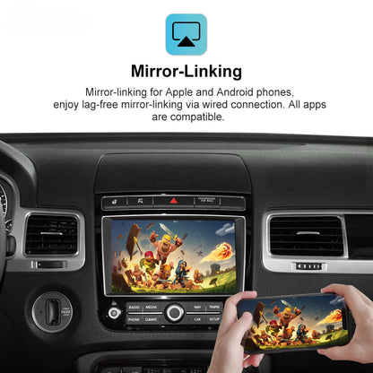 Mirror-linking feature demonstration on a car dashboard, showing a wired connection to a mounted touchscreen display and a phone held by hands in the foreground. Text at the top explains compatibility with Apple and Android phones.