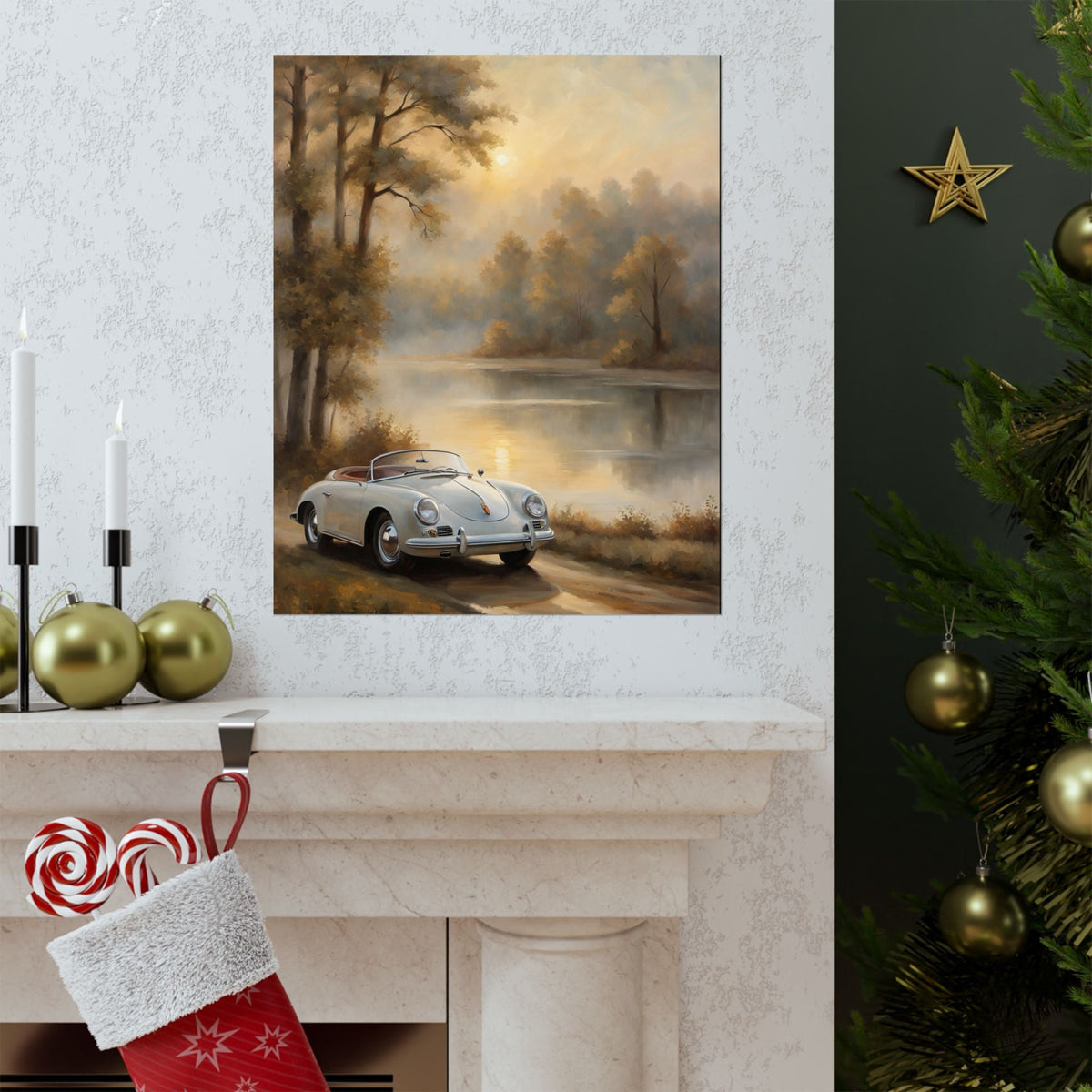 Vintage 1956 Porsche 356 Speedster Poster | Misty Lakeside Sunrise Wall Art | Impressionist European Classic Sports Car Fine Art Paper Print