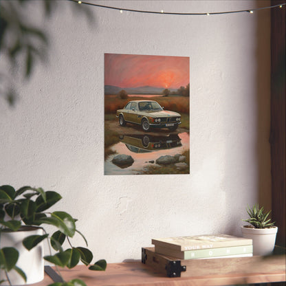 1973 BMW 30 CSL Wall Art Polaris Silver Gold Lake Sunset Water Reflection Poster Classic German Sports Coupe Oil Painting Fine Art Print for Home Office Decor