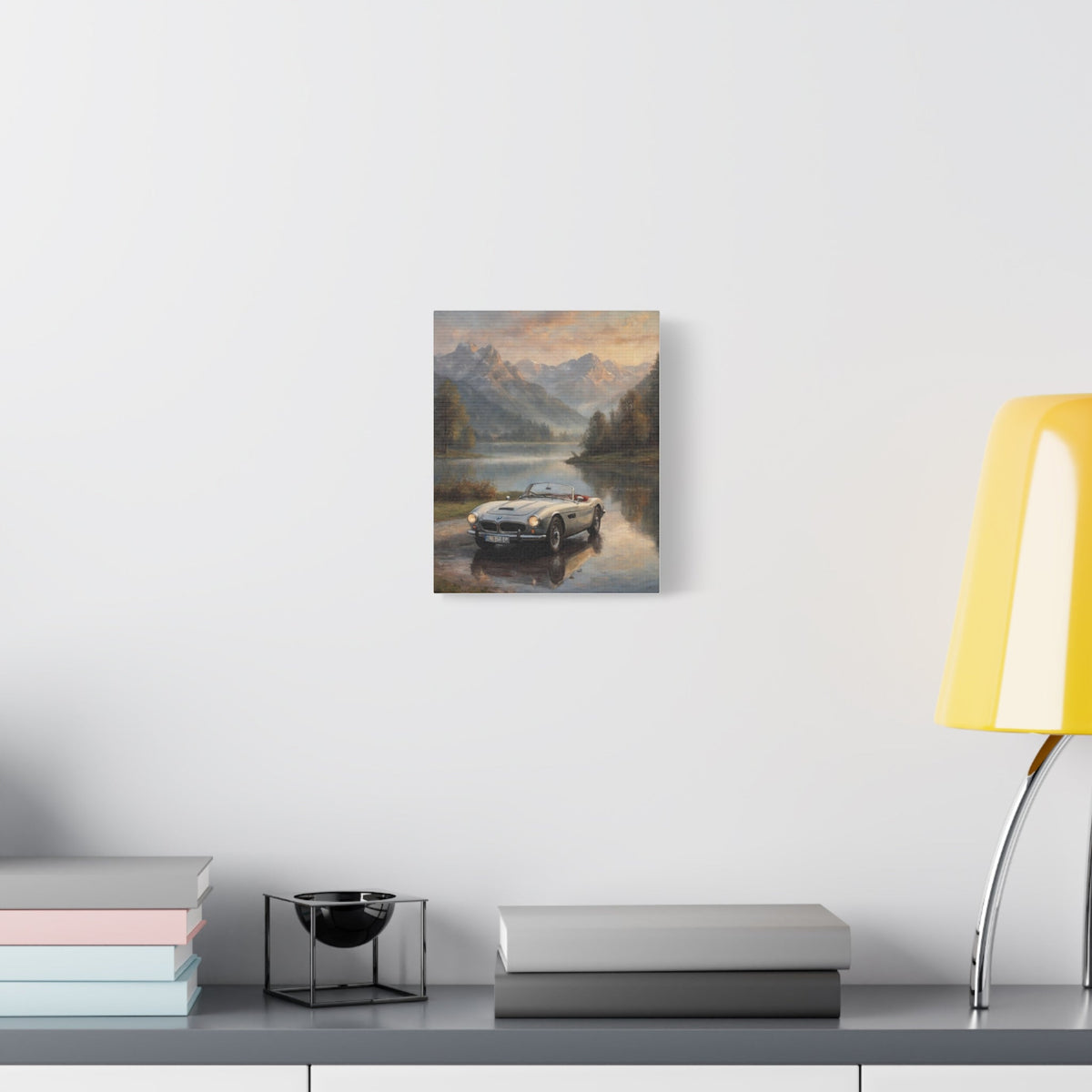 Vintage 1957 BMW 507 Roadster Canvas Wall Art | Alpine Lake Sunset Reflection Canvas Print | Impressionist Classic European Sports Car Art for Living Room & Office