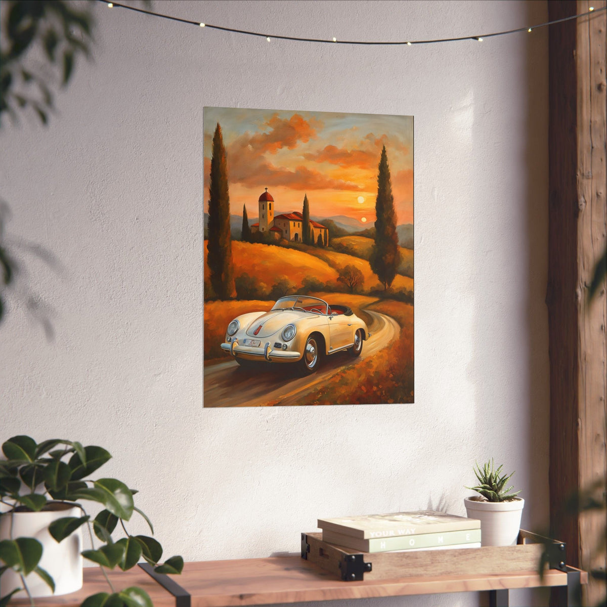 Vintage 1956 Porsche 356 Speedster Poster | Tuscan Countryside Sunset Wall Art | Impressionist European Classic Sports Car Fine Art Paper Print