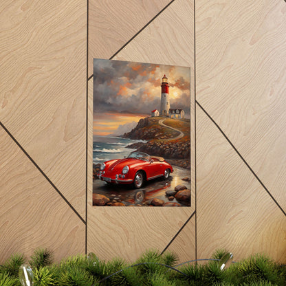 Vintage 1956 Porsche 356 Speedster Poster | Coastal Lighthouse Sunset Wall Art | Impressionist European Classic Sports Car Fine Art Paper Print